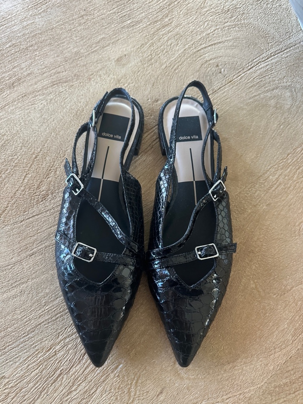 Dolce Vita Black Croc-Embossed Pointed Slingback Flats with Buckle Straps